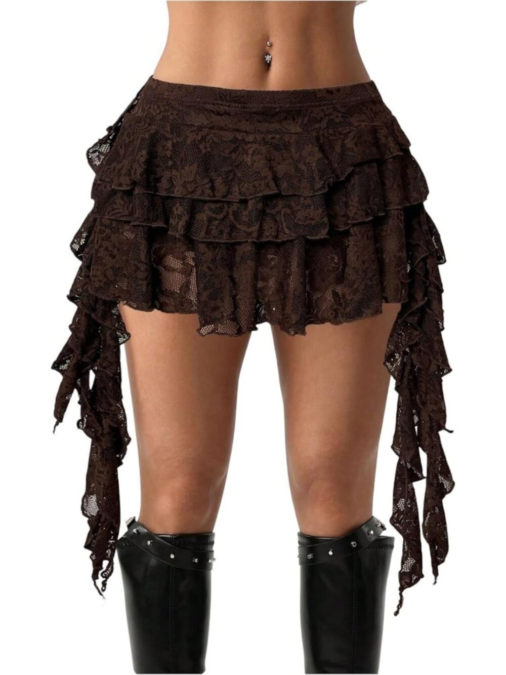 Y2K Boho Lace Ruffle Mini Skirt - Asymmetrical Festival Outfit for Women